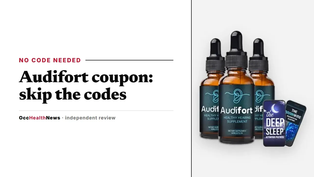 Audifort coupon guide: a three-bottle Audifort dropper package with two bonus e-books on a light grey panel