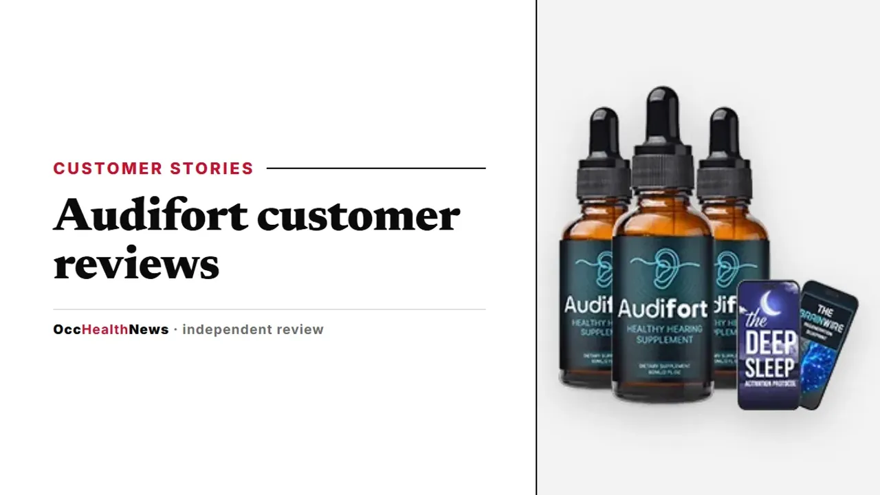Audifort customer reviews: a three-bottle Audifort dropper package with two bonus e-books on a light panel