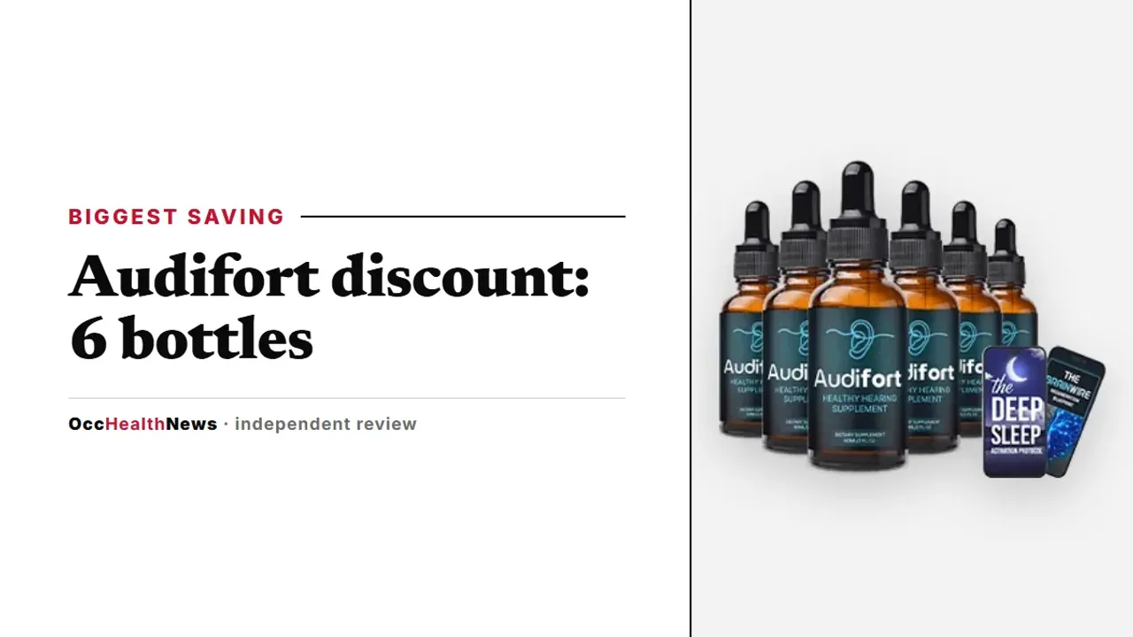 Audifort discount guide: a six-bottle Audifort dropper package with two bonus e-books on a light grey panel