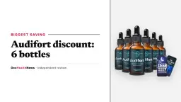Audifort discount guide: a six-bottle Audifort dropper package with two bonus e-books on a light grey panel
