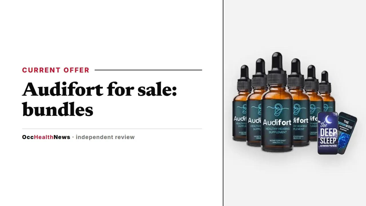 Audifort for sale: a six-bottle Audifort dropper package with two bonus e-books on a light grey panel