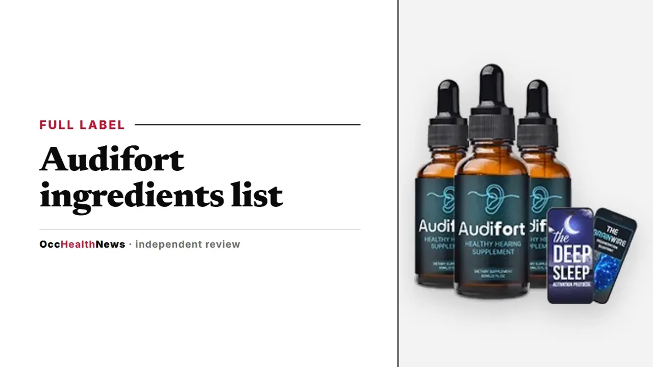 Audifort ingredients list guide: a three-bottle Audifort dropper package with two bonus e-books on a light panel