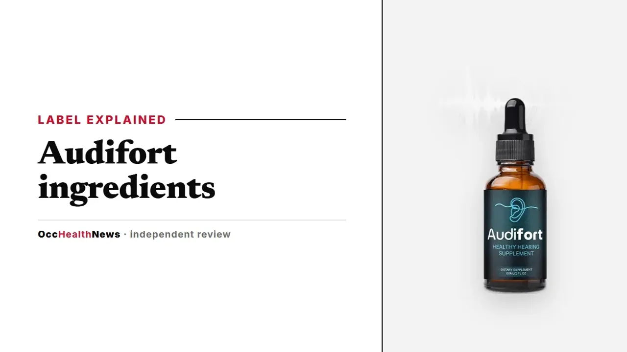 Audifort ingredients guide: a single Audifort dropper bottle with a dark teal label on a light grey panel