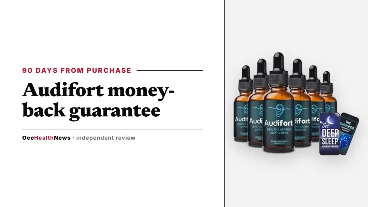 Audifort money back guarantee guide: a six-bottle Audifort dropper package with two bonus e-books on a light grey panel