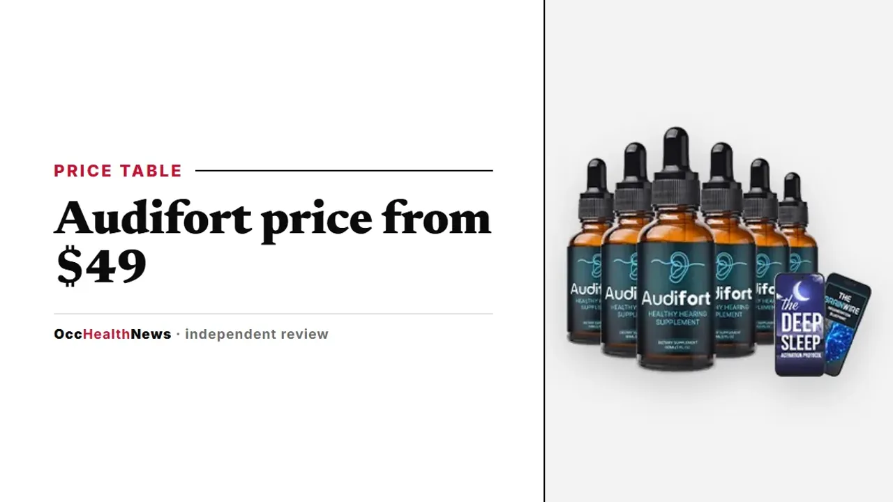Audifort price guide: a six-bottle Audifort dropper package with two bonus e-books on a light grey panel