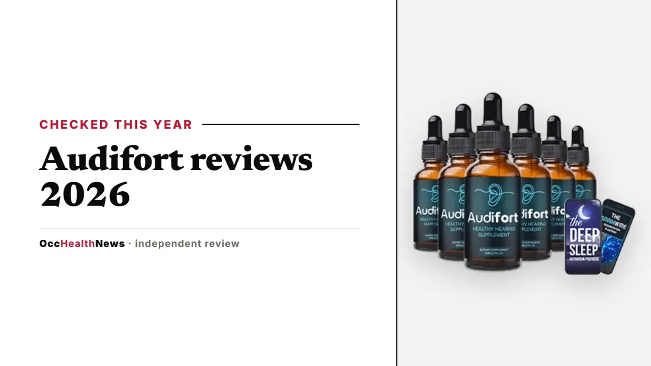 Audifort reviews 2026: a six-bottle Audifort dropper package with two bonus e-books on a light grey panel