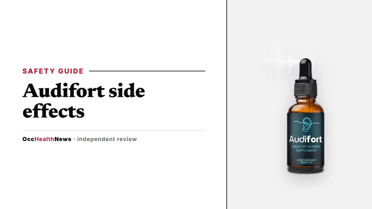 Audifort side effects and safety guide: a single Audifort dropper bottle with a dark teal label on a light grey panel