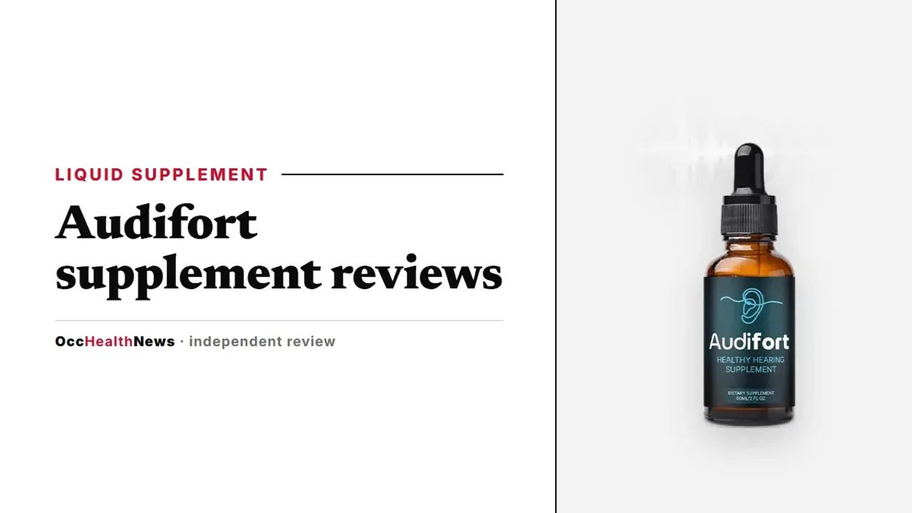Audifort supplement reviews: a single amber Audifort dropper bottle with a dark teal label on a light grey panel