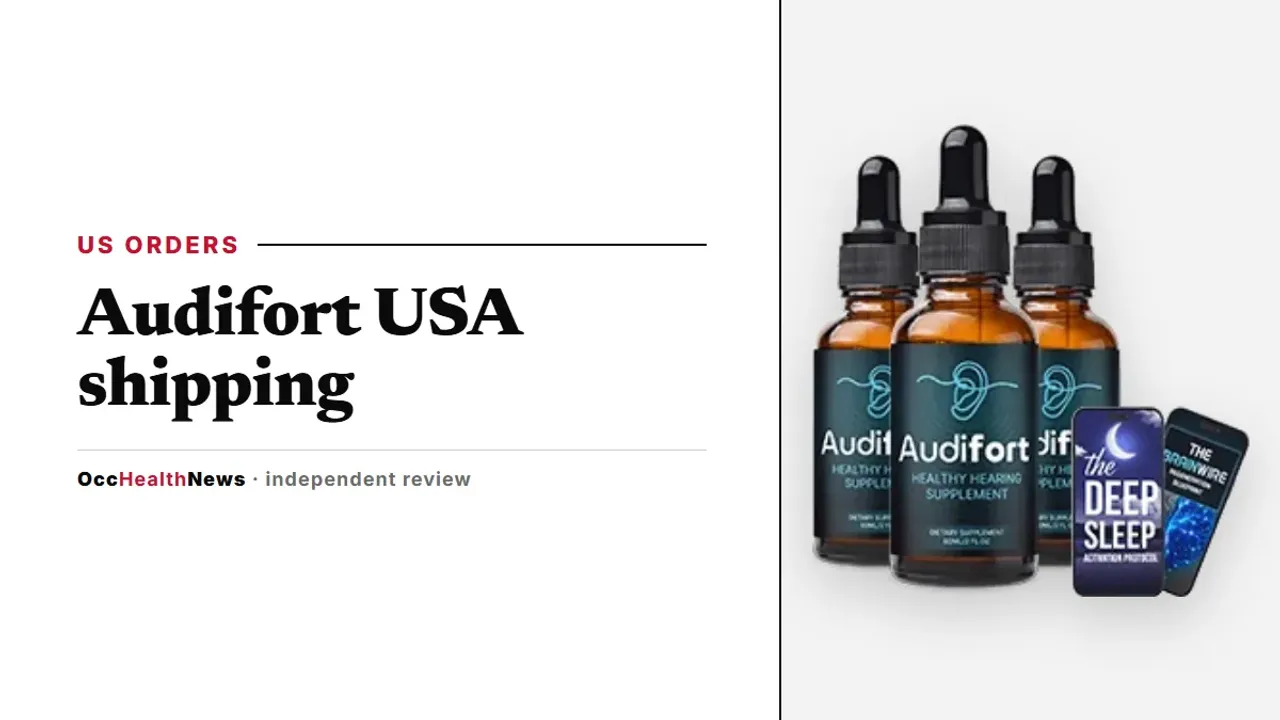 Audifort USA shipping guide: a three-bottle Audifort dropper package with two bonus e-books on a light grey panel