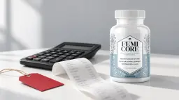 FemiCore sale: a genuine FemiCore bottle on a white table beside a printed receipt and a calculator