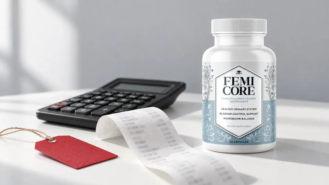 FemiCore buy guide: a FemiCore bottle on a white desk beside a calculator, a printed receipt and a red price tag