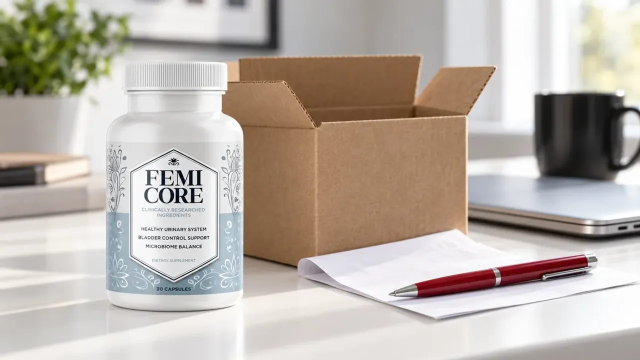 FemiCore official website order: a genuine FemiCore bottle beside an open shipping box and packing slip on a white desk