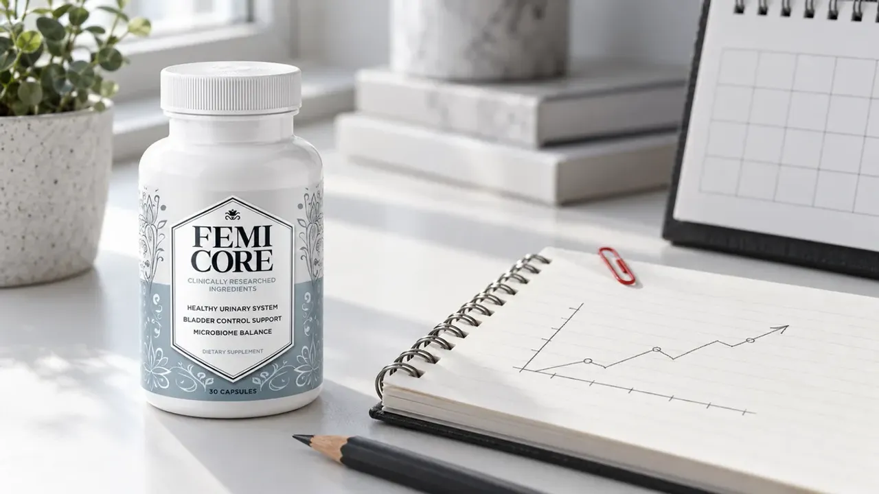 Does FemiCore really work: a FemiCore bottle on a desk beside an open paper calendar and a notebook used as a bladder diary