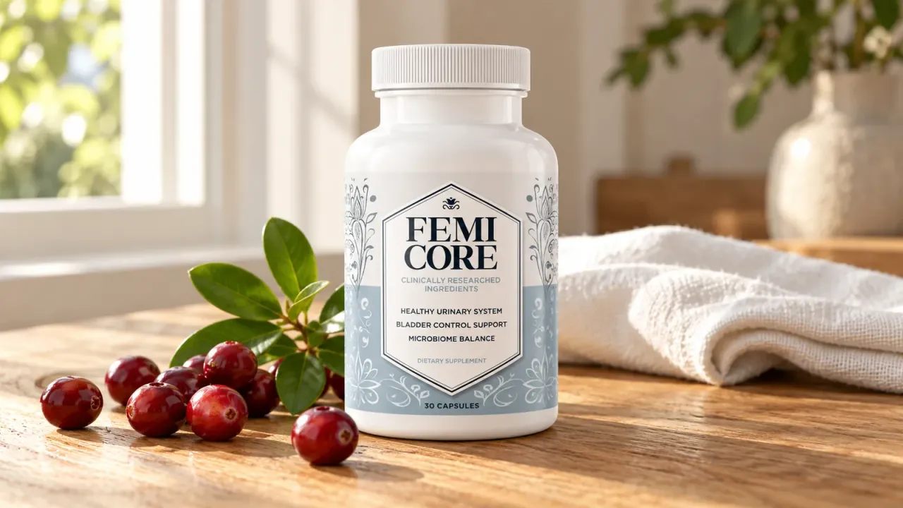 FemiCore reviews: a bottle of the FemiCore bladder control supplement on a wooden table with fresh cranberries in natural light