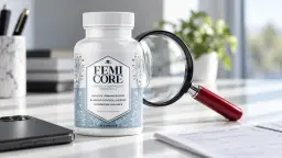 Is FemiCore a health supplement: the bottle on a white desk with a red-handled magnifying glass and a printed sheet