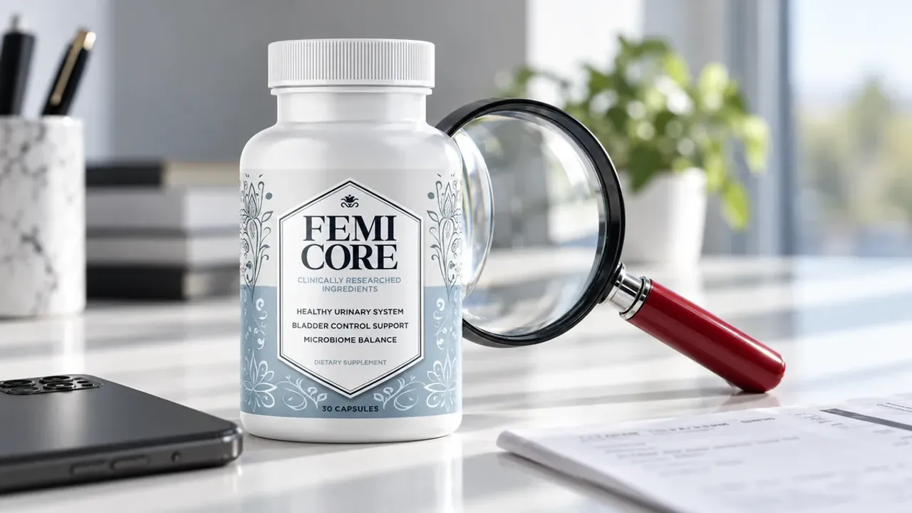 FemiCore scam check: a genuine FemiCore bottle on a desk next to a magnifying glass and a printed order confirmation