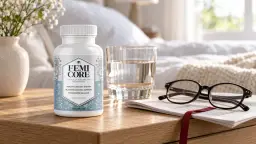 FemiCore side effects: a FemiCore bottle on a bathroom shelf next to a glass of water and a folded pharmacy leaflet