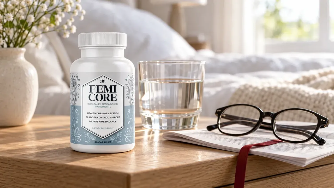 FemiCore side effects: a FemiCore bottle on a bathroom shelf next to a glass of water and a folded pharmacy leaflet
