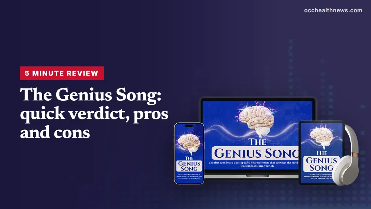 The Genius Song review: seller's device mockup of the audio track on a dark navy equaliser background