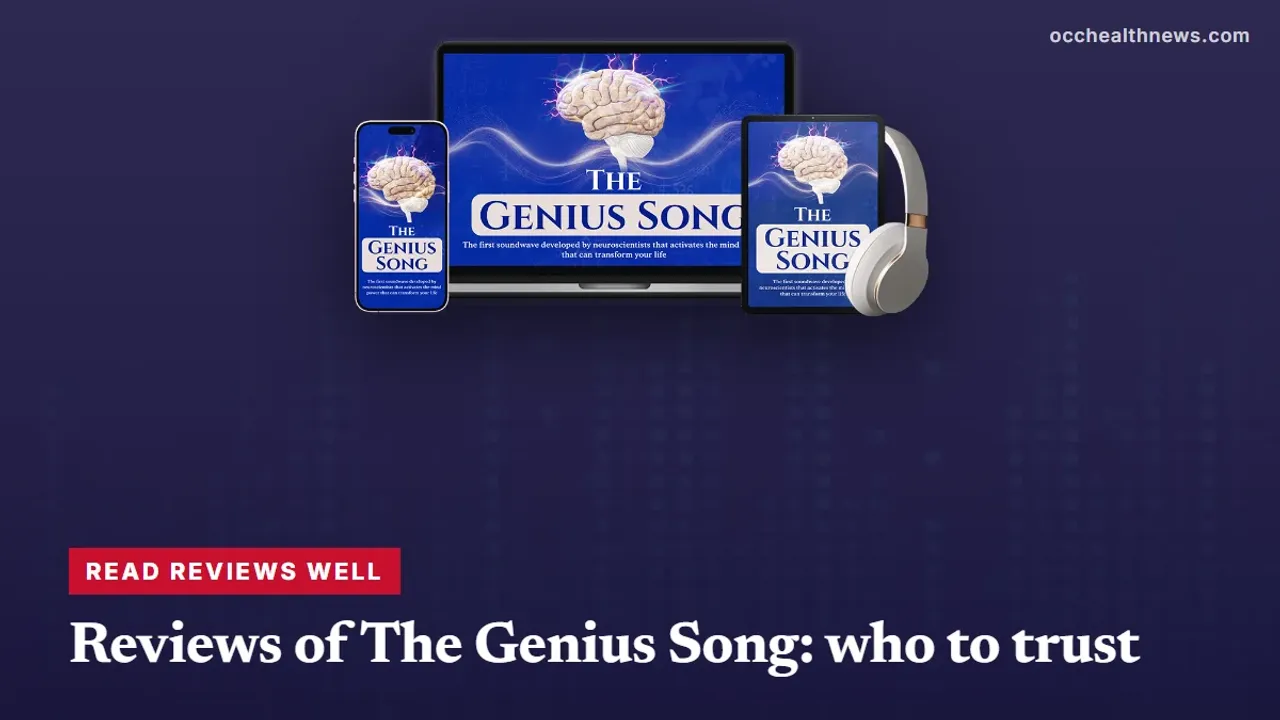 The Genius Song reviews: seller's device mockup of the audio track on a dark navy equaliser background