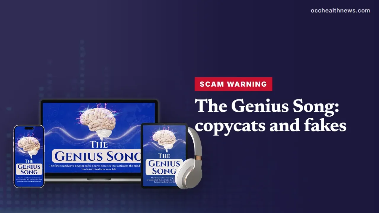 The Genius Song scam: seller's device mockup of the audio track on a dark navy equaliser background