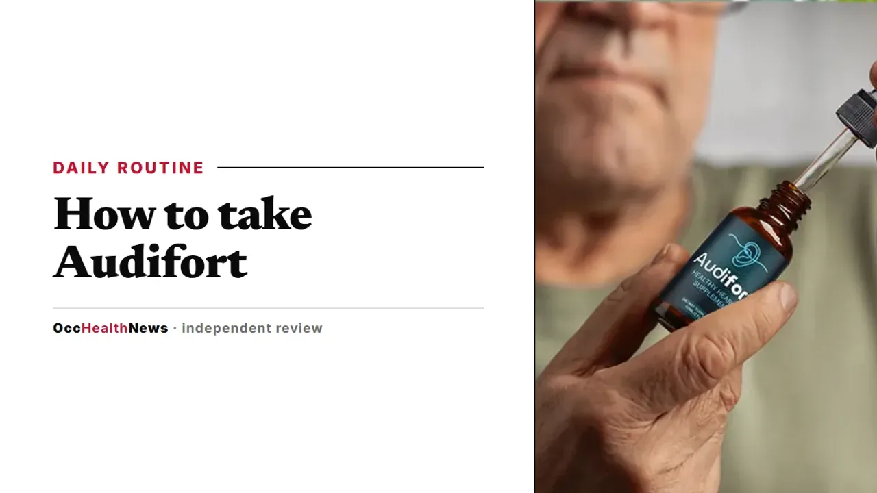 How to take Audifort: a close-up of a hand holding an Audifort dropper bottle with the dropper lifted