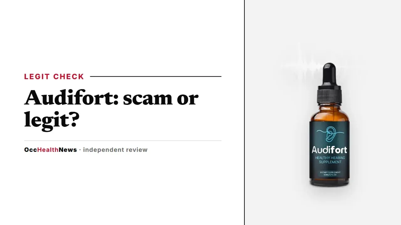 Is Audifort a scam or legit: a single Audifort dropper bottle with a dark teal label on a light grey panel
