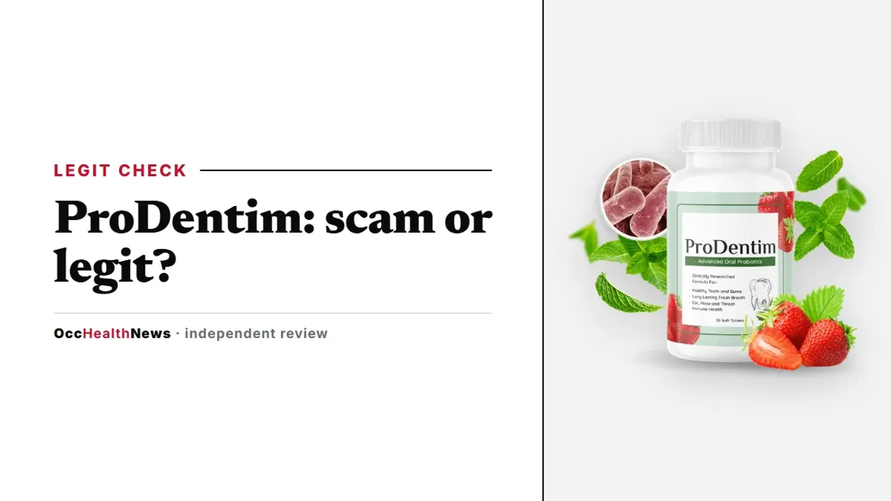 Is ProDentim a scam or legit: a ProDentim bottle with strawberries and mint artwork beside its supplement label
