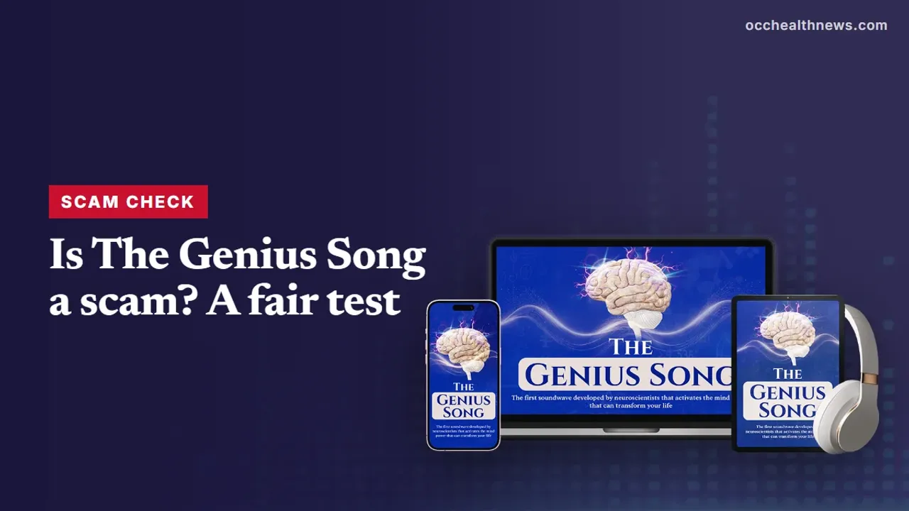 Is The Genius Song a scam: seller's device mockup of the audio track on a dark navy equaliser background