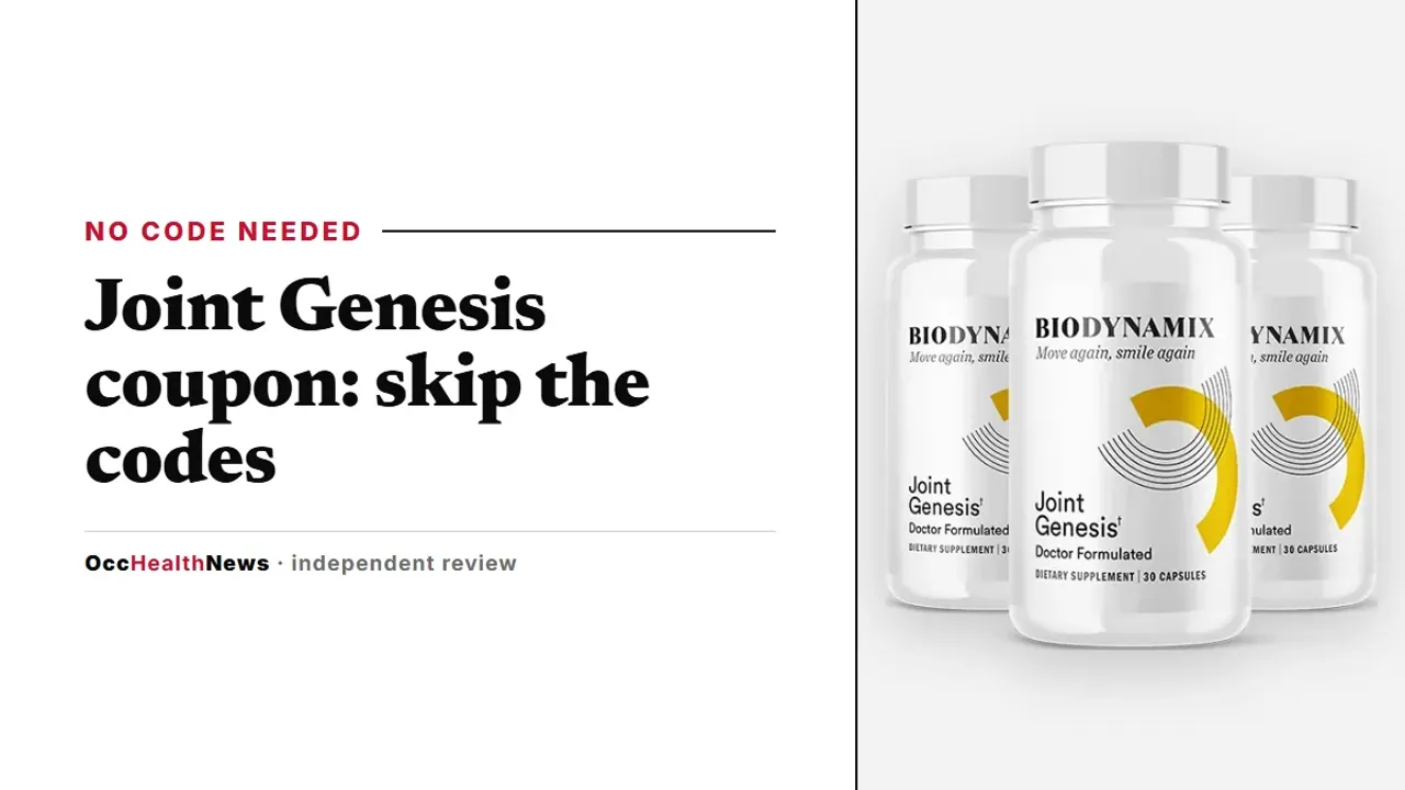 Joint Genesis coupon guide: a three-bottle Joint Genesis package by BioDynamix on a light grey panel