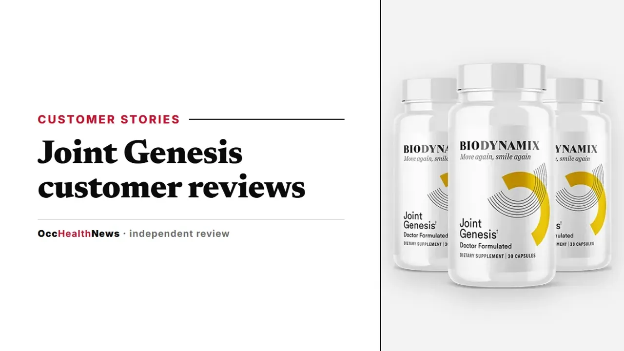 Joint Genesis customer reviews: a three-bottle Joint Genesis package by BioDynamix on a light grey panel