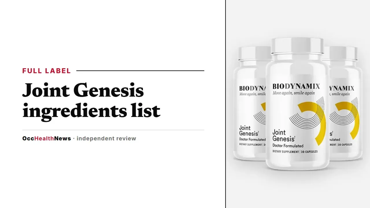 Joint Genesis ingredients list: a three-bottle Joint Genesis package by BioDynamix on a light grey panel