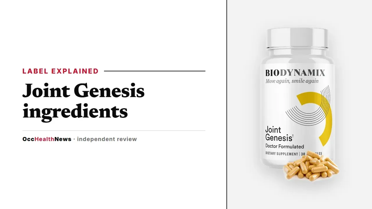 Joint Genesis ingredients guide: a Joint Genesis bottle by BioDynamix with loose capsules on a light grey panel