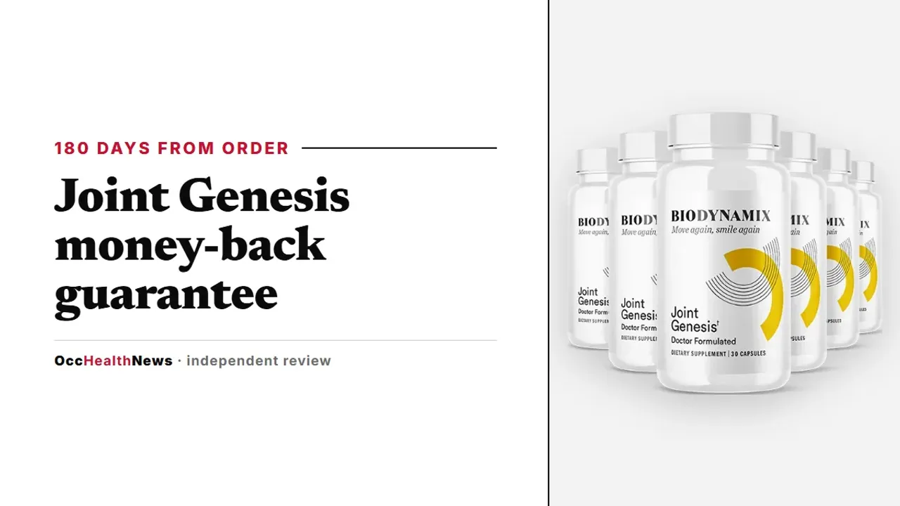 Joint Genesis money-back guarantee: a six-bottle Joint Genesis package by BioDynamix on a light grey panel