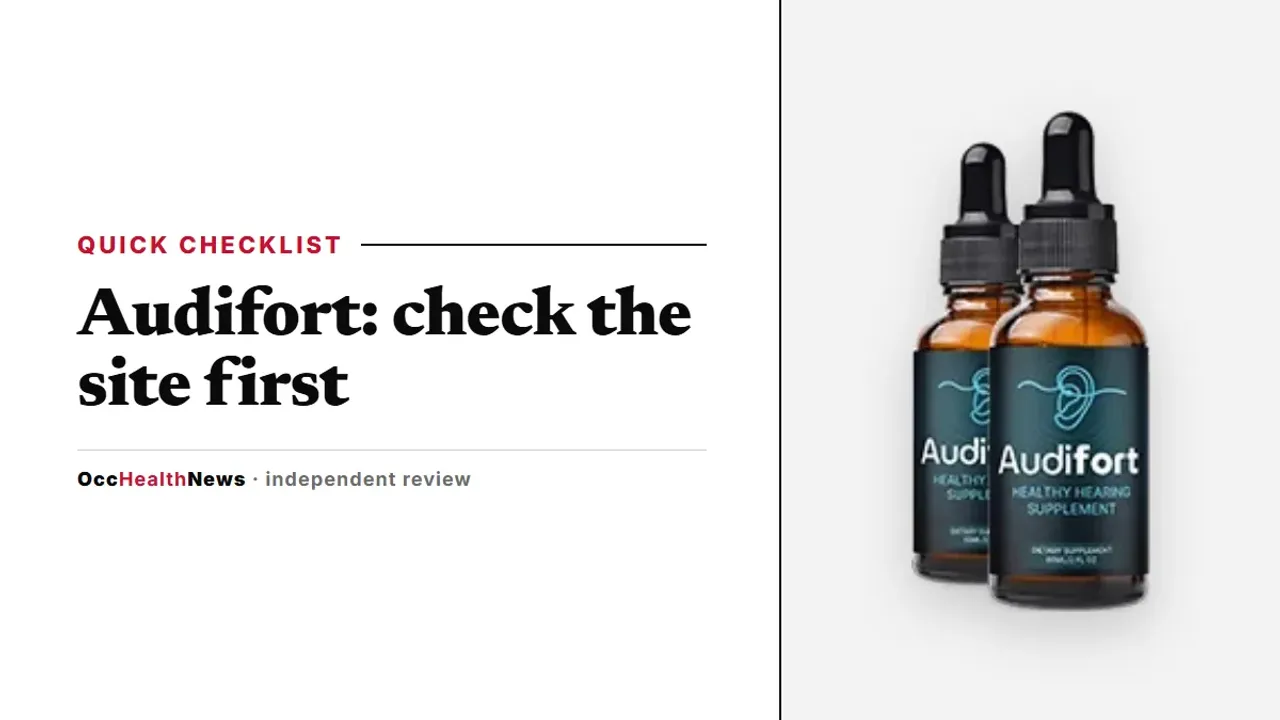 Official Audifort site checklist: a two-bottle Audifort dropper package on a light grey panel