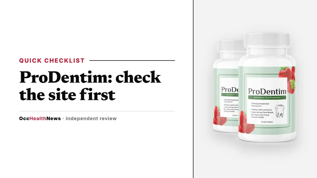 Official ProDentim site checklist: a two-bottle ProDentim pack with strawberry and mint artwork beside a clean grey panel