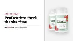 Official ProDentim site checklist: a two-bottle ProDentim pack with strawberry and mint artwork beside a clean grey panel