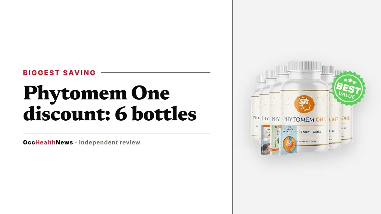 Phytomem One discount guide: a six-bottle Phytomem One Ultimate package with its bonus e-books on a grey background