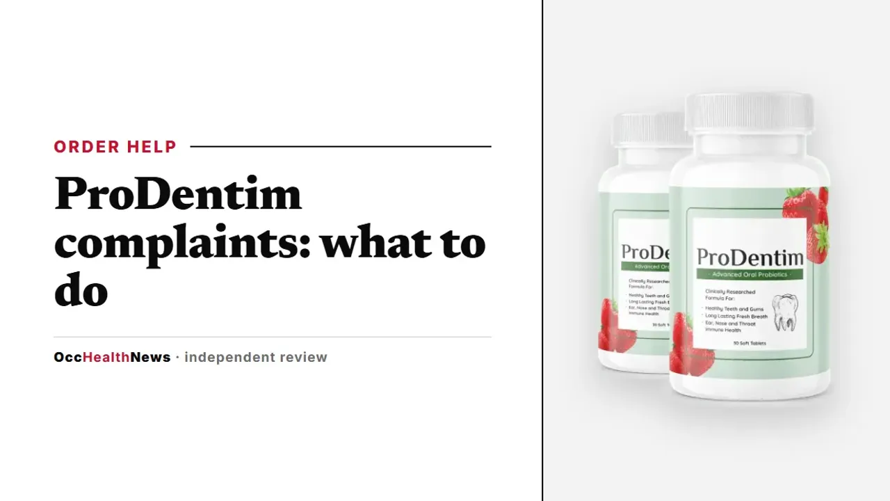 ProDentim complaints help: a two-bottle ProDentim pack with strawberry and mint artwork on a neutral grey panel