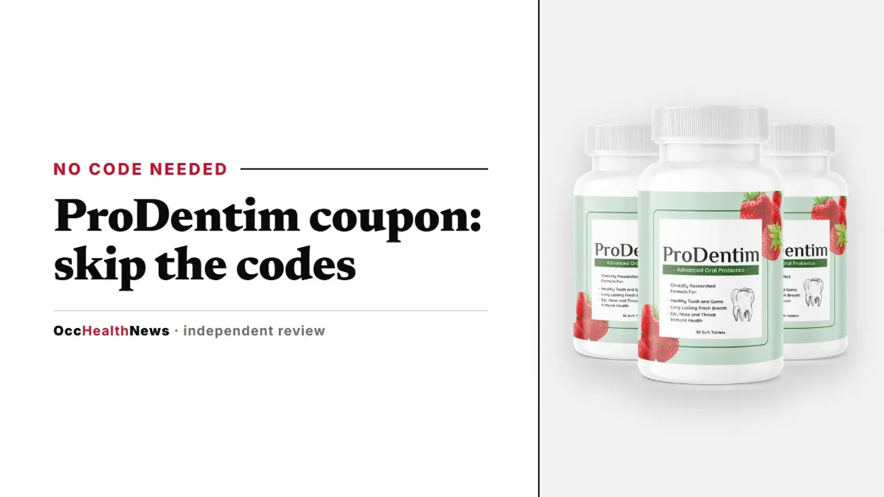 ProDentim coupon guide: a three-bottle ProDentim pack with strawberry and mint artwork on a grey background
