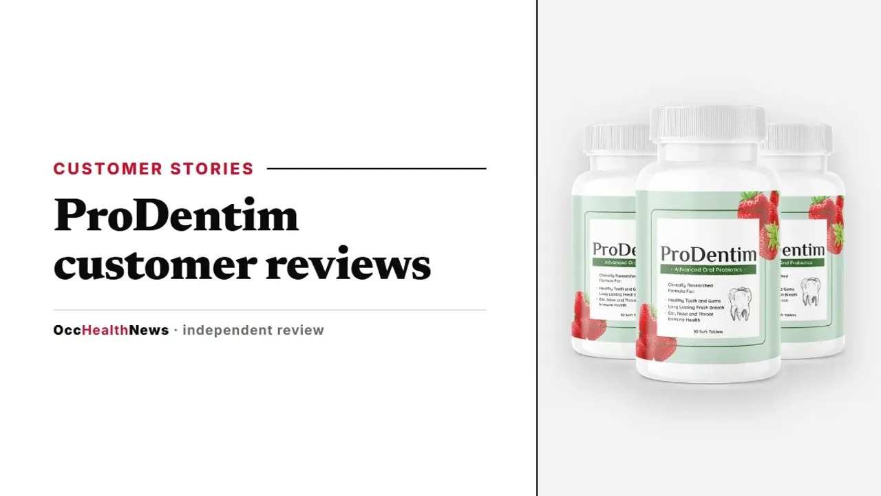 ProDentim customer reviews: a three-bottle ProDentim pack on a clean grey panel beside the soft tablet label