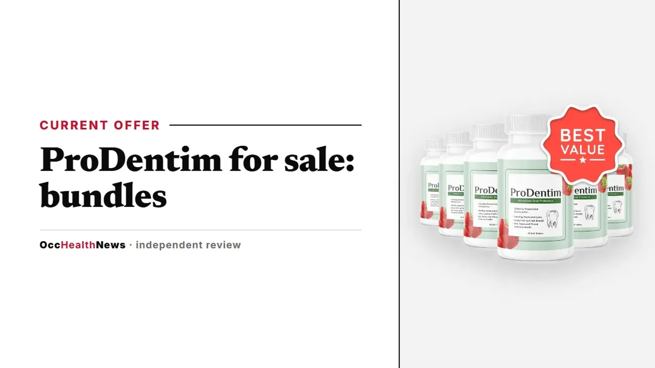 ProDentim for sale: a six-bottle ProDentim pack with strawberry and mint artwork on a grey backdrop