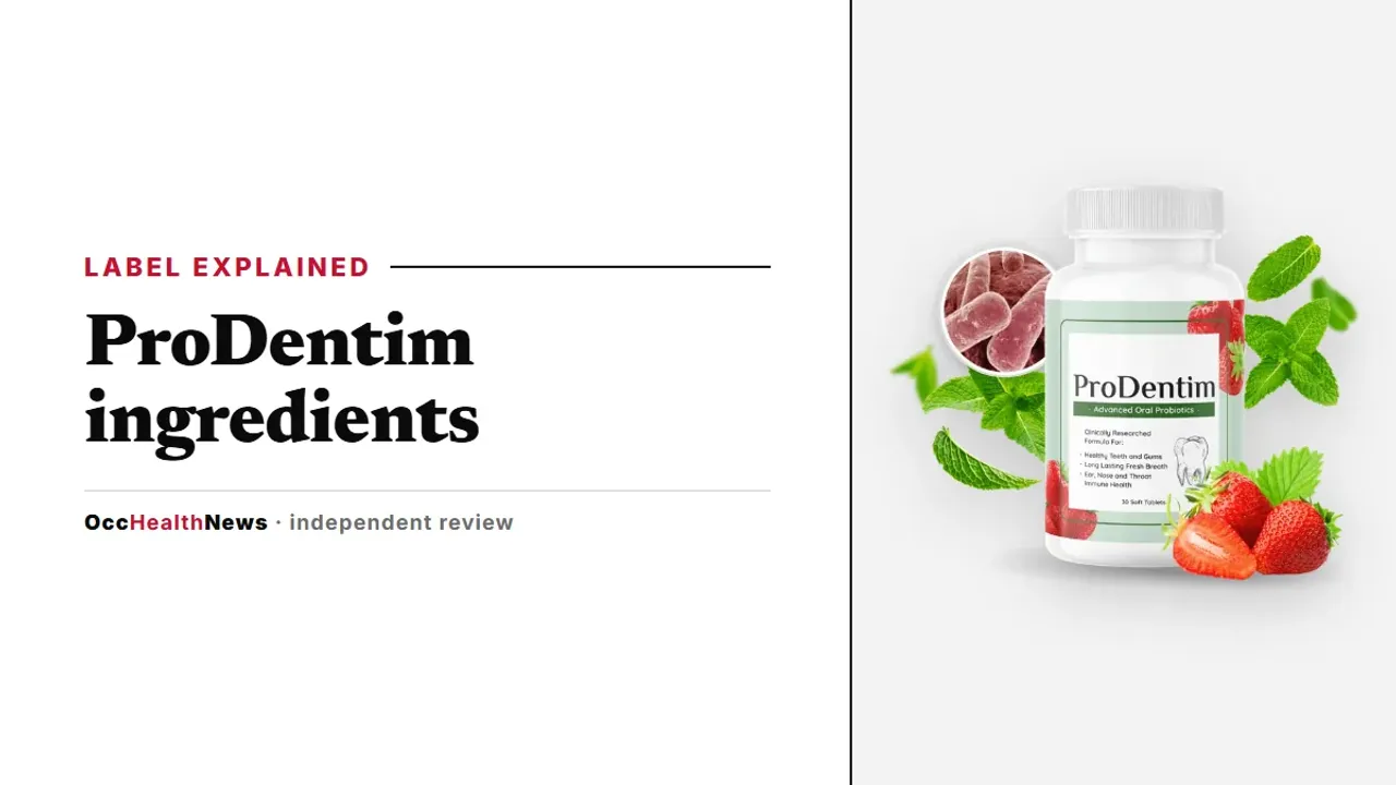 ProDentim ingredients guide: a ProDentim bottle with Advanced Oral Probiotics label beside strawberry and mint artwork