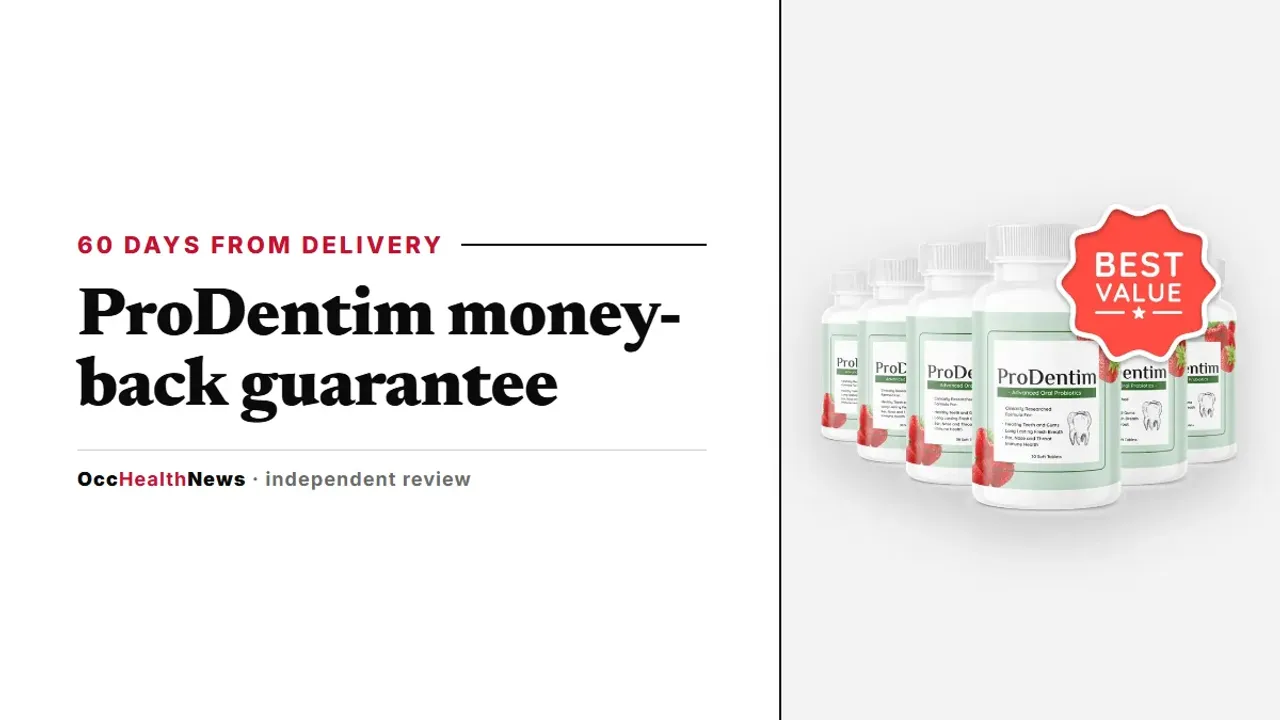 ProDentim money back guarantee: a six-bottle ProDentim pack with strawberry and mint artwork on a grey background