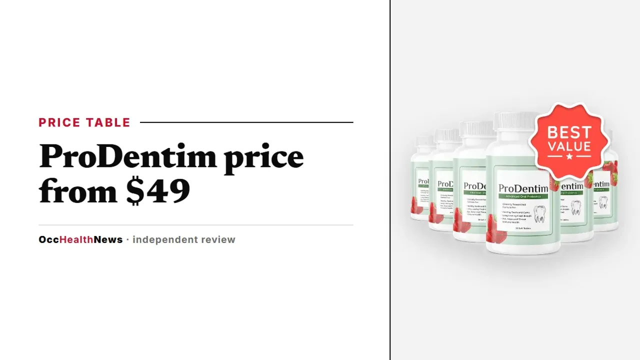 ProDentim price guide: a six-bottle ProDentim pack with strawberry and mint artwork on a grey background