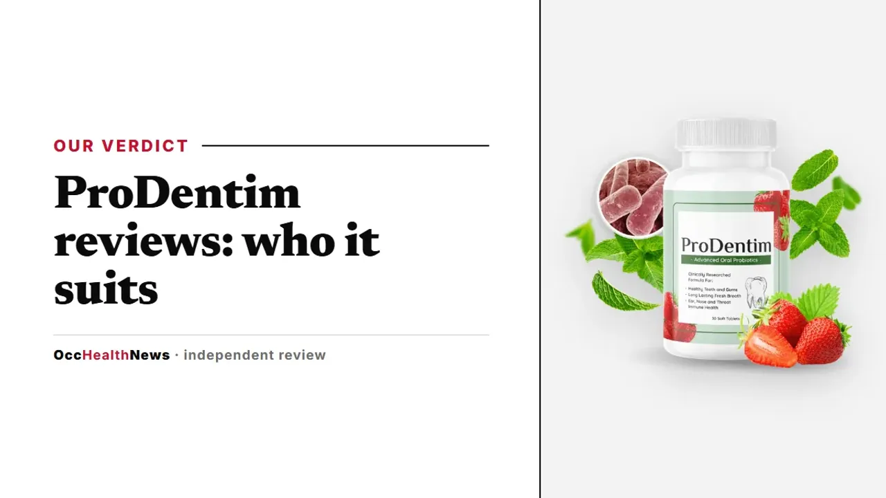 ProDentim reviews: a ProDentim bottle with strawberries and mint beside the 30 soft tablets label panel
