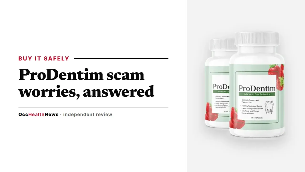 ProDentim scam check: a two-bottle ProDentim pack with strawberries and mint, shown on a neutral grey background