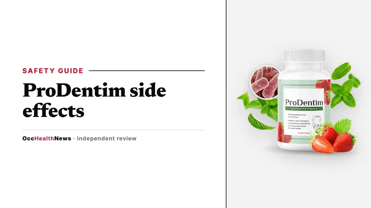 ProDentim side effects guide: a ProDentim bottle with the Advanced Oral Probiotics label on a calm grey panel
