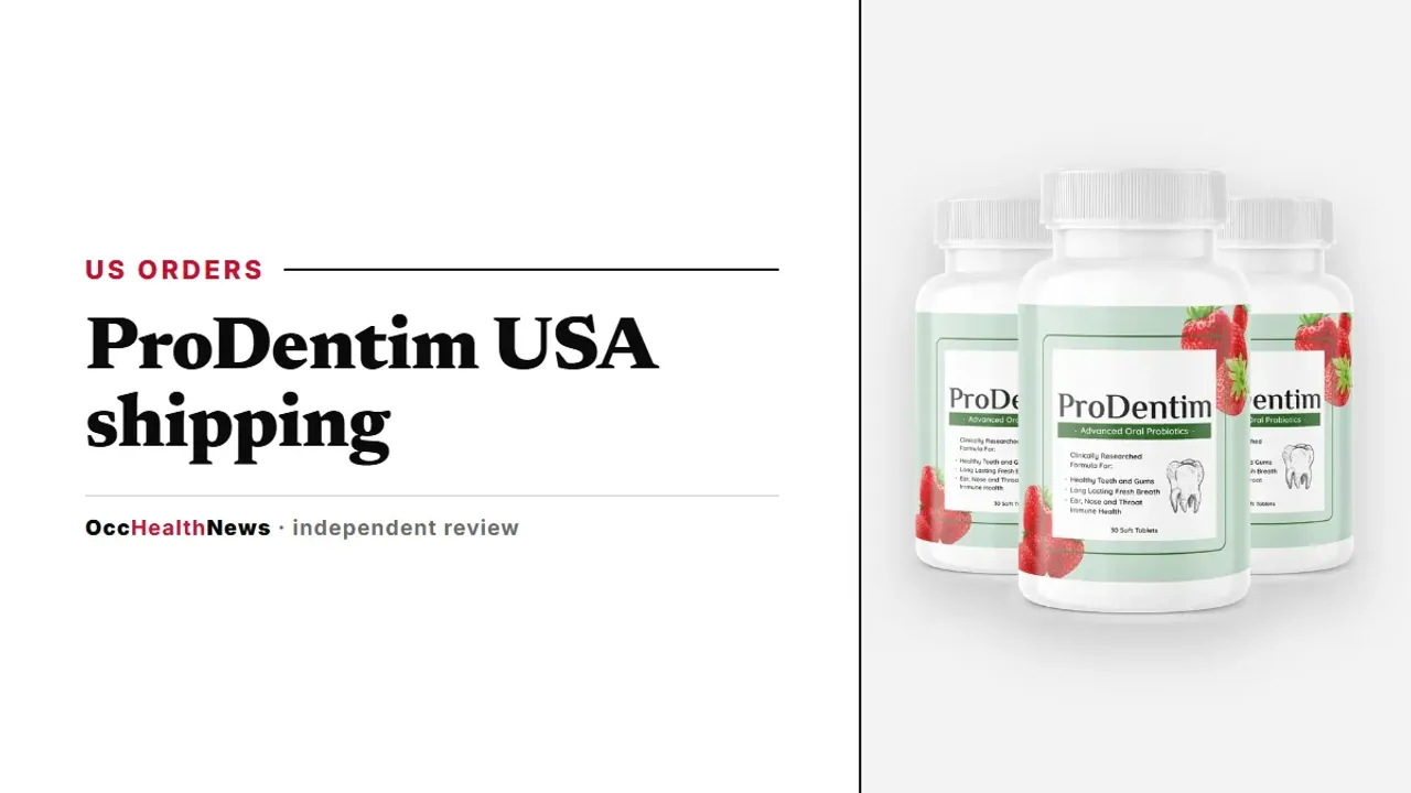 ProDentim USA shipping guide: a three-bottle ProDentim pack with strawberry and mint artwork on a grey panel