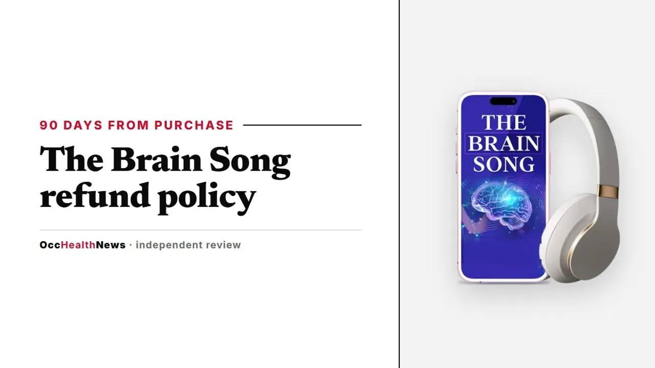 The Brain Song refund policy guide: The Brain Song audio on a phone with headphones in the seller's mockup
